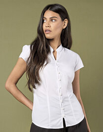 Tailored Fit Mandarin Collar Poplin Blouse Cap Sleeve